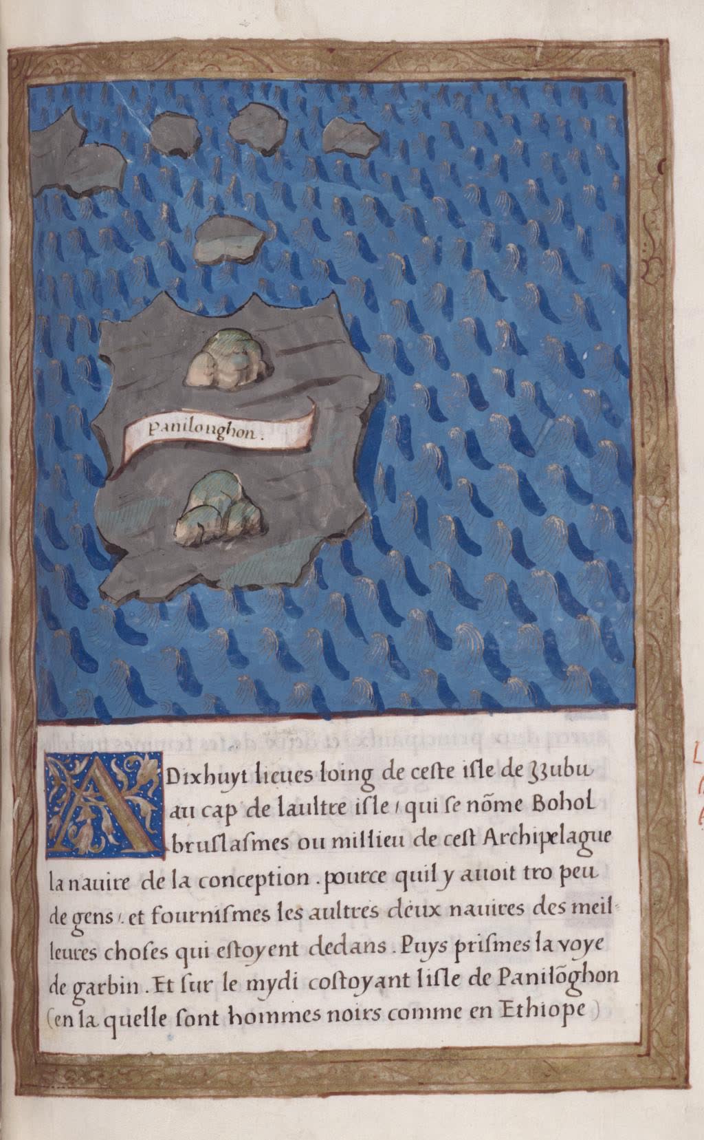 Hand-painted map of the island of Negros in a blue sea, from Antonio Pigafetta’s manuscript